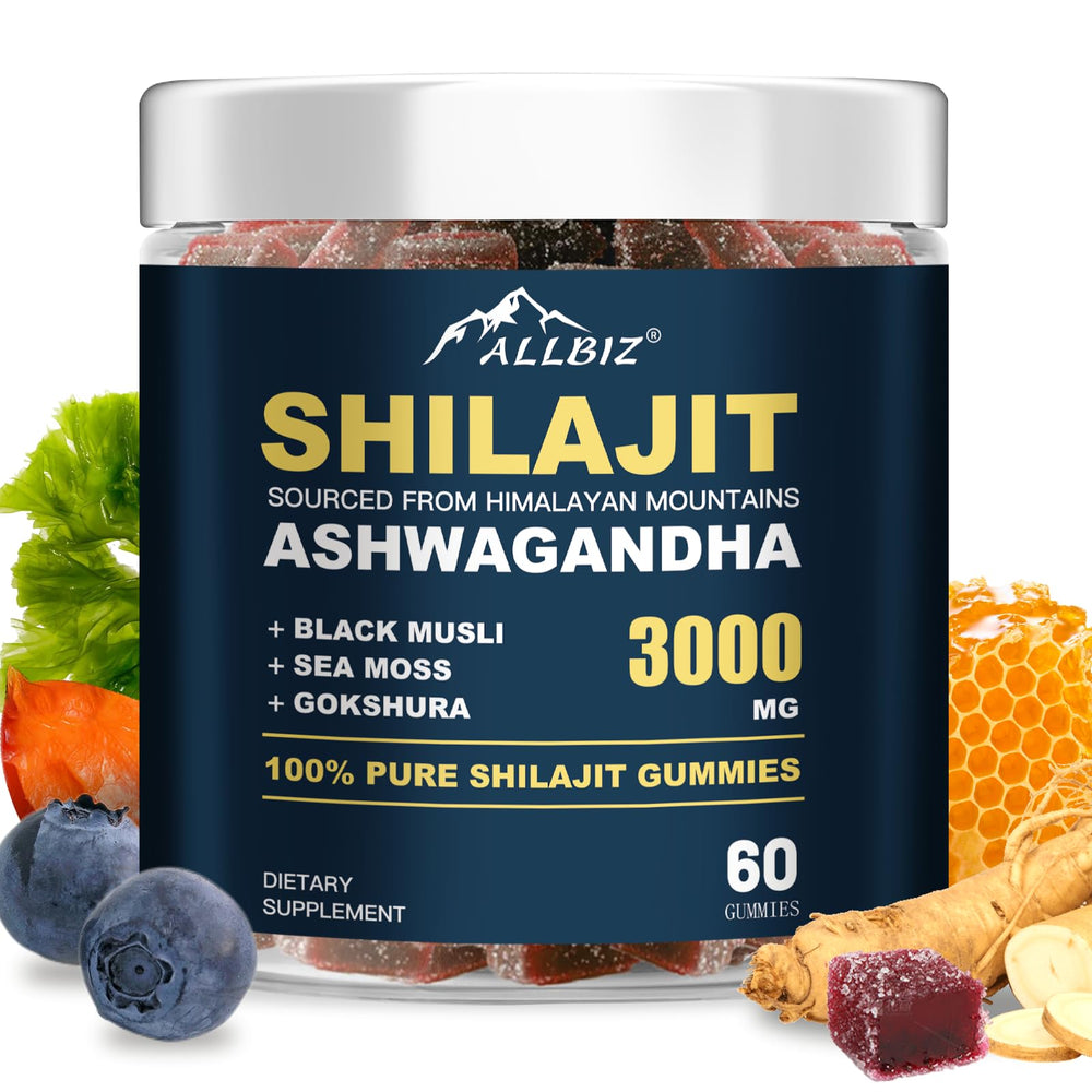 ALLBIZ gold Himalayan Shilajit gummies—top view, energy support.