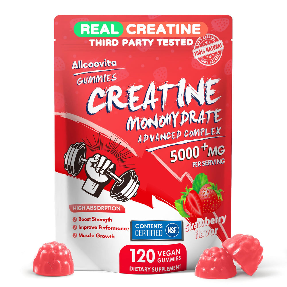 Allcoovita Creatine Monohydrate Gummies bottle with 120 strawberry gummies for on-the-go energy