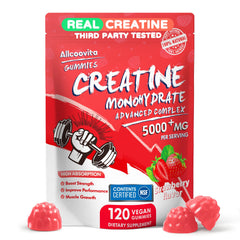 Allcoovita Creatine Monohydrate Gummies bottle with 120 strawberry gummies for on-the-go energy