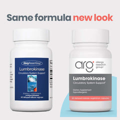 ARG lumbrokinase capsules pack highlights dosage and gluten-free, non GMO claims