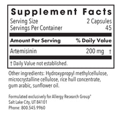 Allergy Research Group Artemisinin supplement label highlights purity and allergen-free formulation.