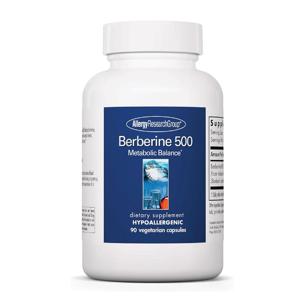 Allergy Research Group berberine 500mg bottle showing potential metabolic support for wellness.