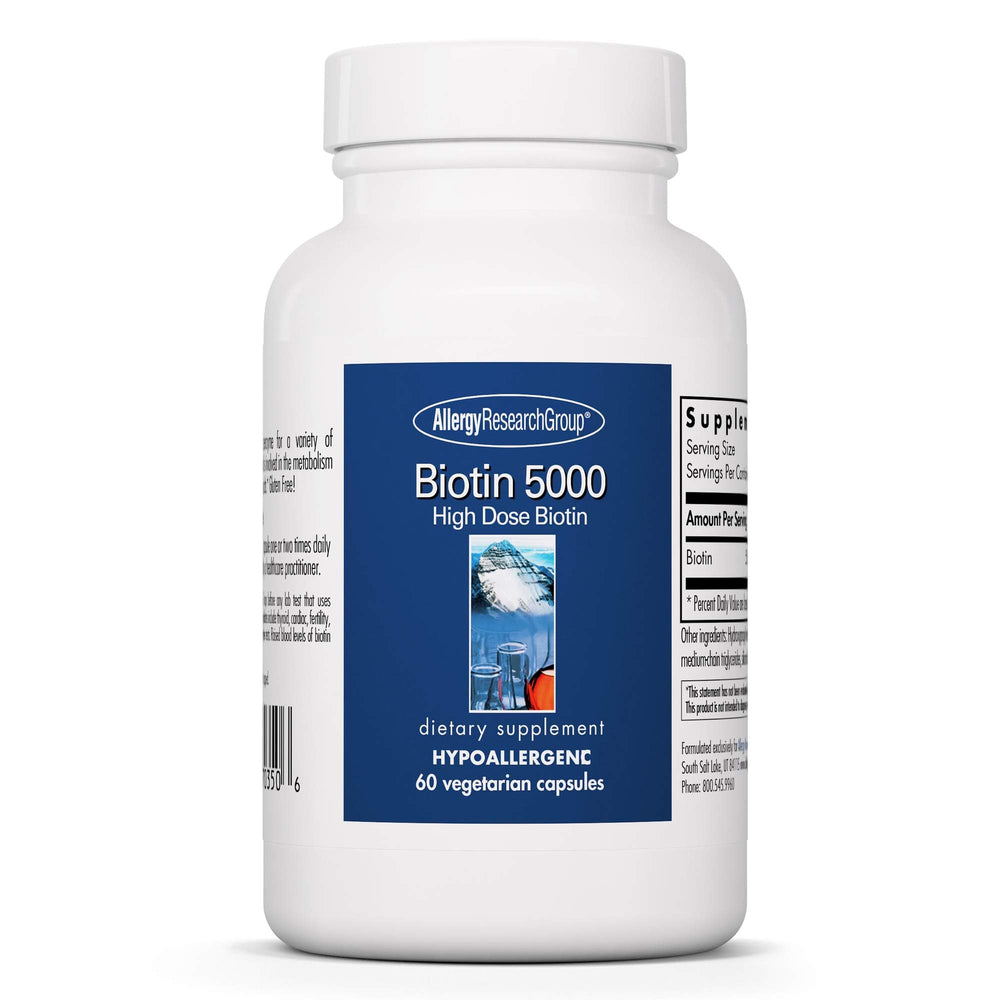 Allergy Research Group Biotin 5000 bottle promotes hair, skin, and nails health