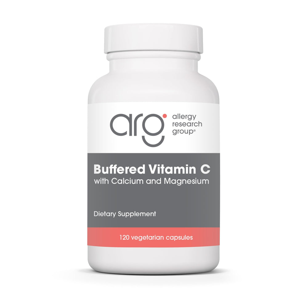 Allergy Research Group Buffered Vitamin C bottle showing label; gentle on sensitive stomachs.