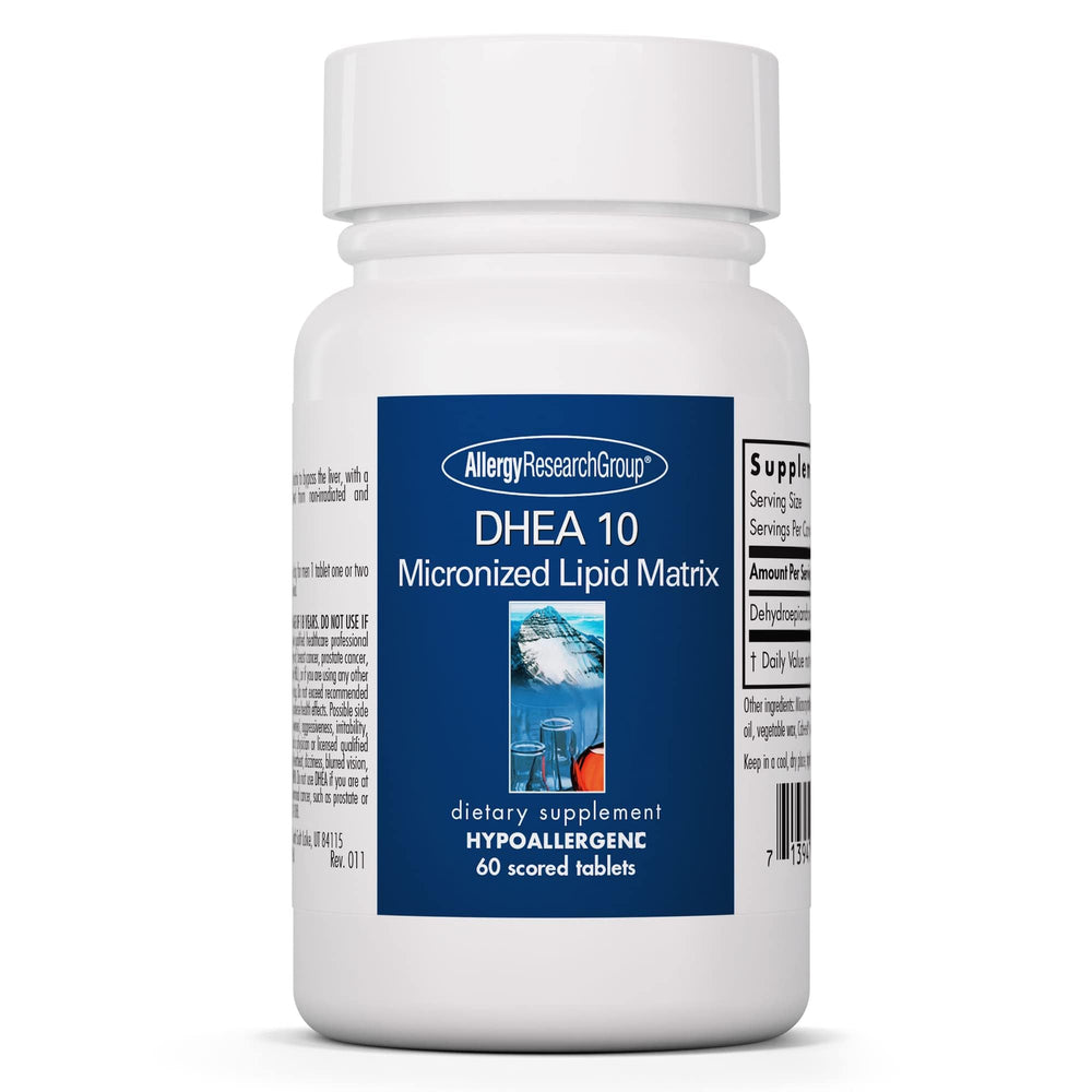 Allergy Research Group DHEA 10mg tablet shown with micronized formula for better absorption.