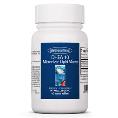 Allergy Research Group DHEA 10mg tablet shown with micronized formula for better absorption.