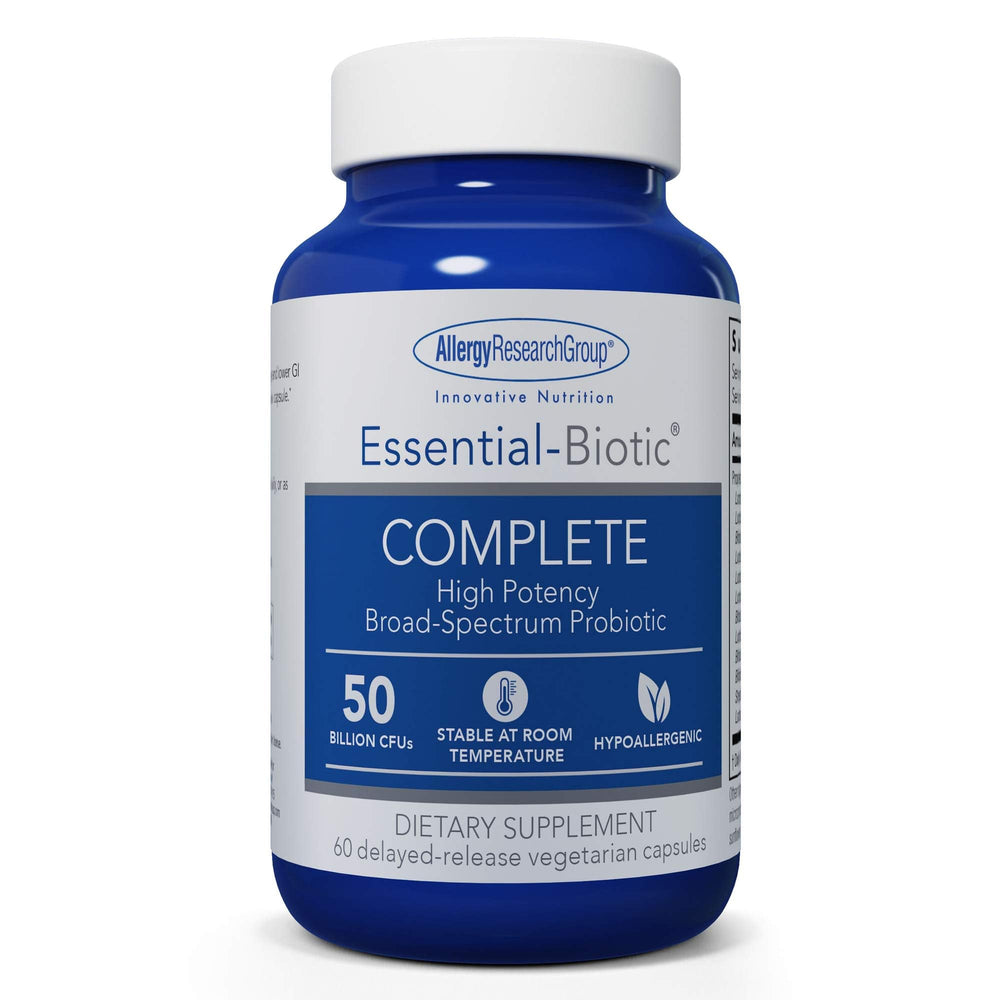 Allergy Research Group Essential-Biotic bottle pour highlighting 50B CFU strength for gut health