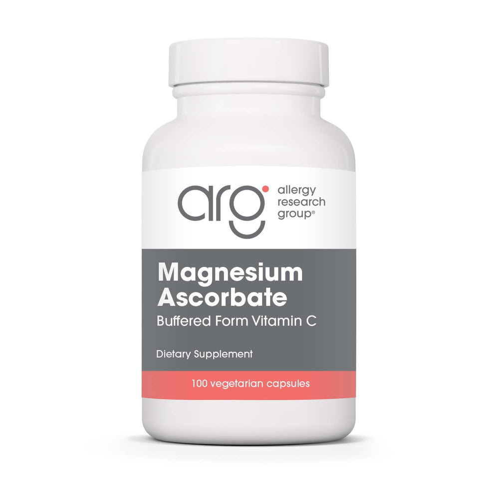 Allergy Research Group magnesium-ascorbate bottle with capsules for gentle vitamin C support.