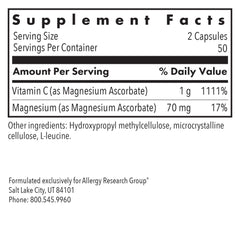 Allergy Research Group magnesium-ascorbate label showing buffered non-acidic vitamin C.