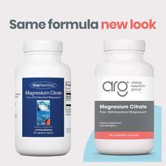Allergy Research Group Magnesium Citrate capsules bottle closeup highlighting gentle digestion.