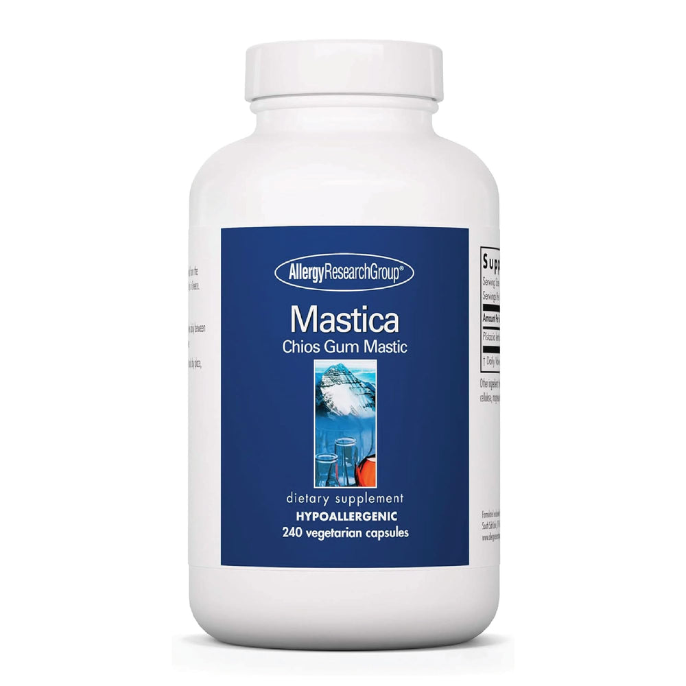 Allergy Research Group Mastica bottle-label shows authentic Chios mastiha resin for digestion support