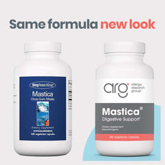 Allergy Research Group Mastica capsules closeup shows 500 mg resin per capsule for daily use