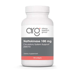 Allergy Research Group nattokinase softgel bottle shows heart health support.