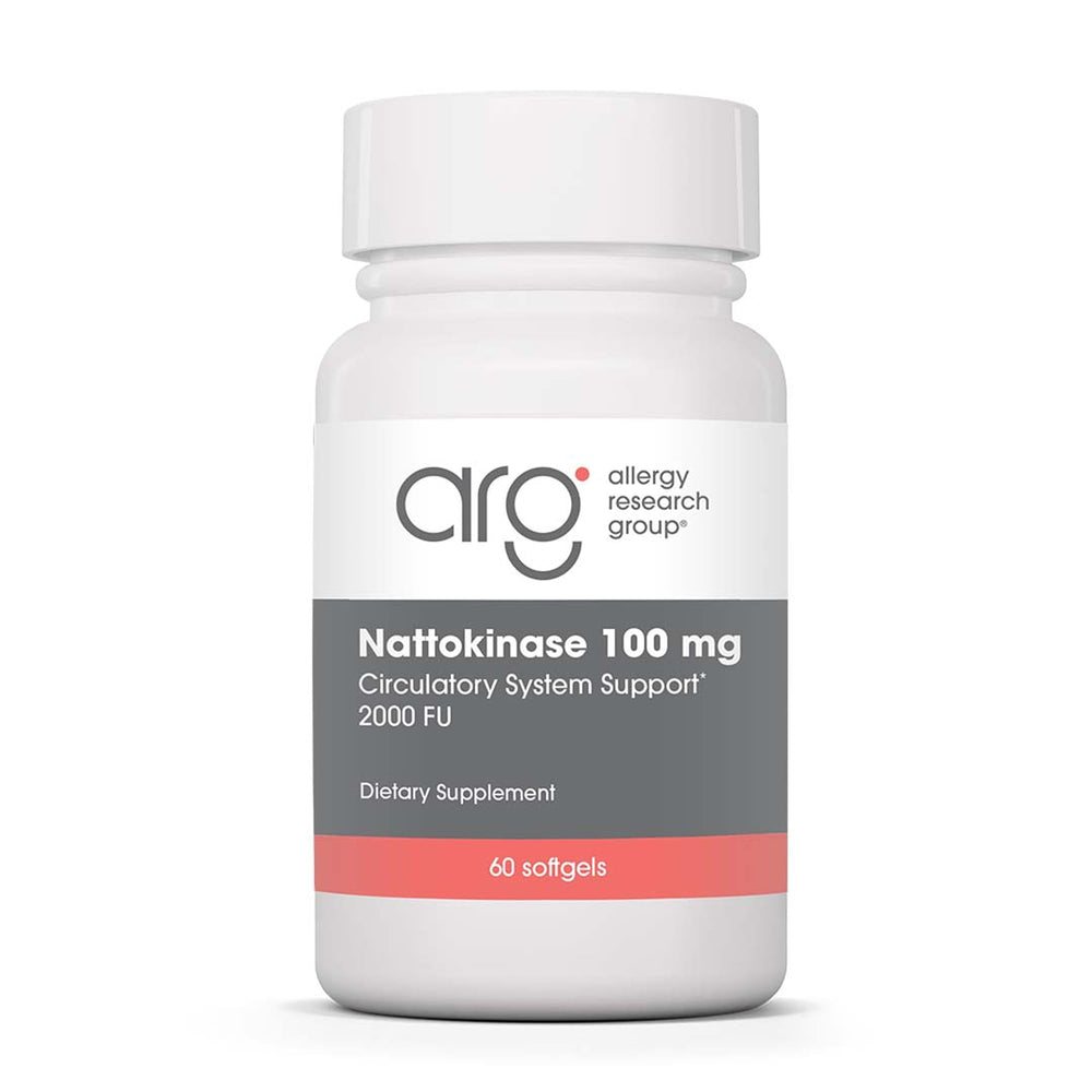Allergy Research Group Nattokinase NSK-SD bottle with label, supports consistent cardiovascular care when used as directed.
