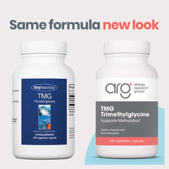 Allergy Research Group TMG capsule close-up emphasizing dosage convenience.