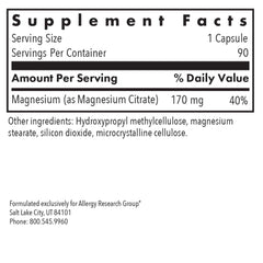 Allergy Research Group vegetarian capsules magnesium citrate highlight easy daily dosing
