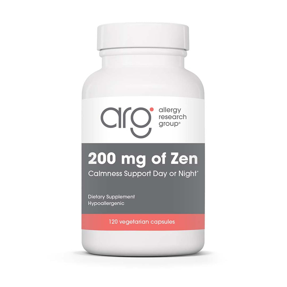 Allergy Research Group Zen bottle front shows the GABA L-Theanine calm formula for day and night