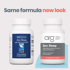 Allergy Research Group Zen Sleep capsules on packaging suggest focused relaxation before bed.