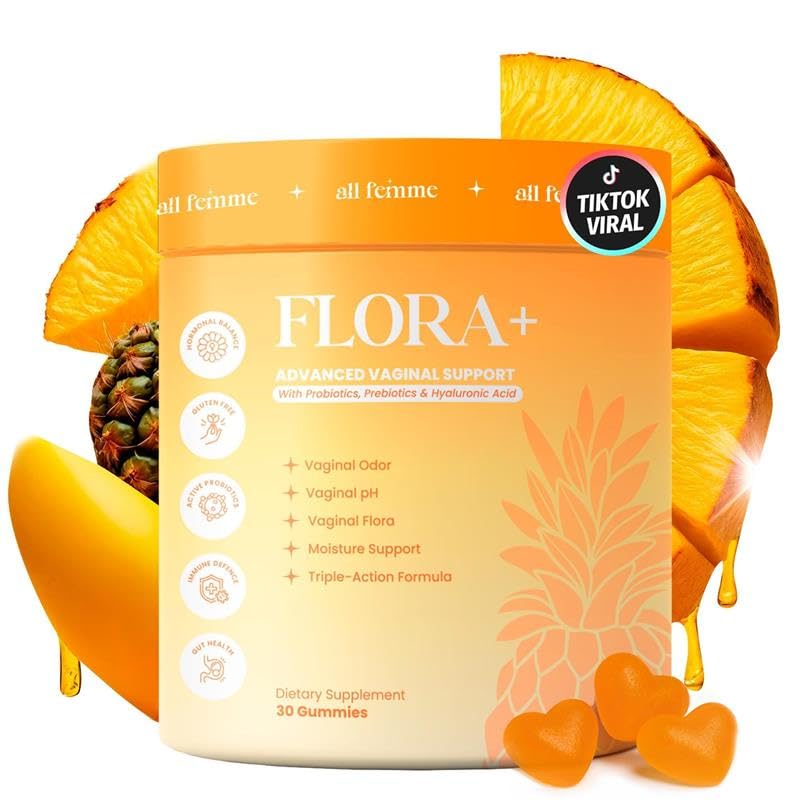 ALLFEMME Flora+ bottle with pineapple label promotes daily pH balance support.