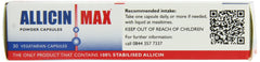 AllicinMax bottle label displays nutrition details and allergen-free claim.