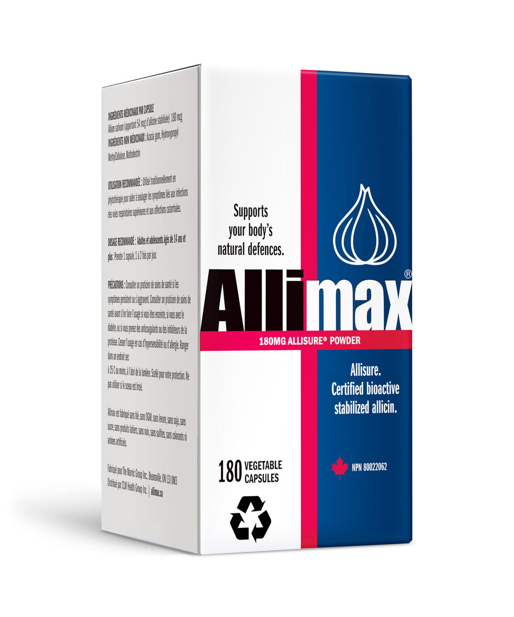 Allimax bottle front label reveals bioactive allicin for immune support
