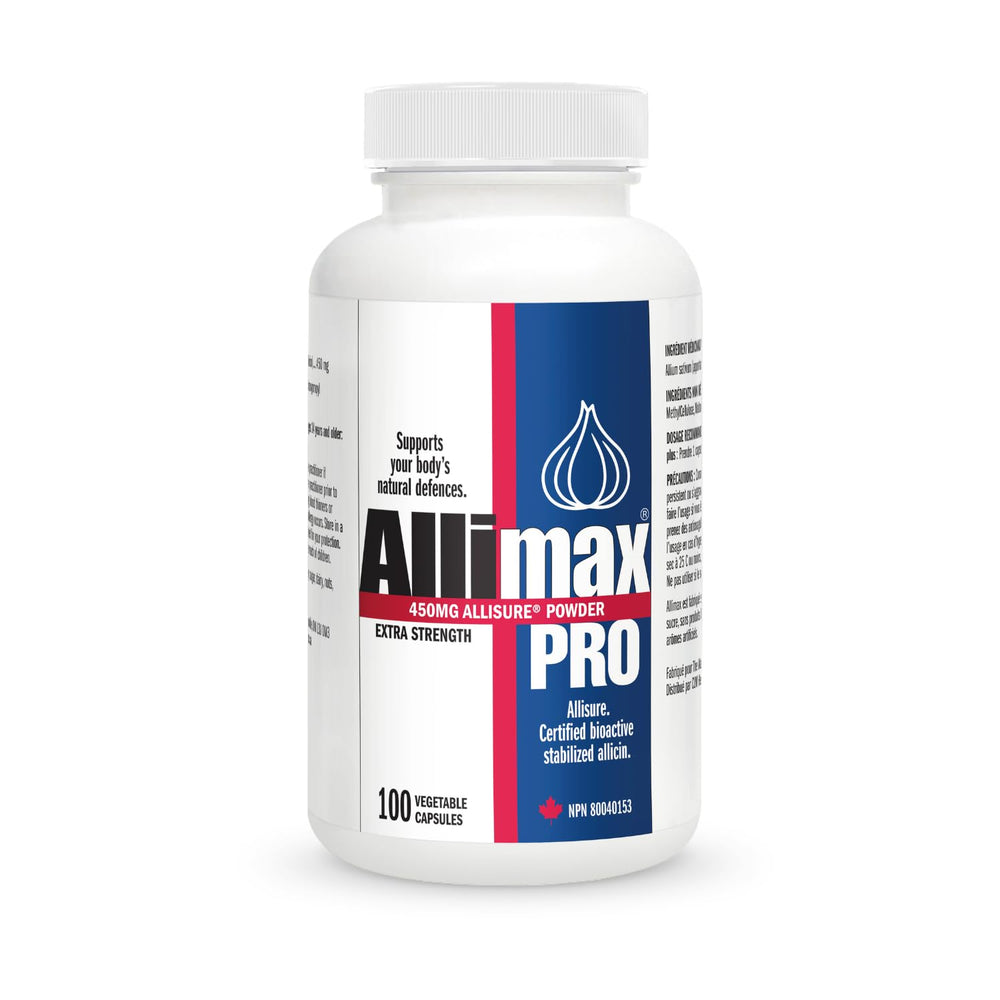 ALLIMAX Allimax Pro bottle front showing practitioner-strength allicin capsules for immune support.