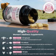 Ingredients panel highlights grass-fed organs and psyllium husk for digestion.