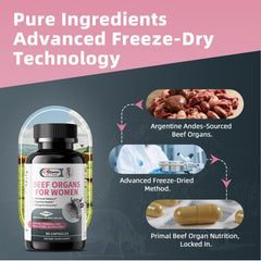 Argentina-sourced grass-fed beef organs shown on packaging for authenticity.