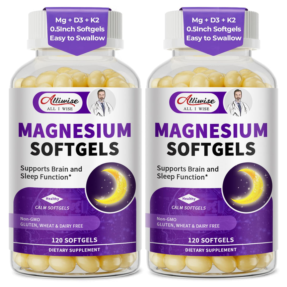 Alliwise magnesium glycinate softgels in a 2-pack bottle for easy daily support