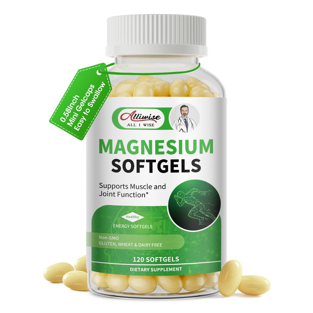Alliwise Magnesium Glycinate softgels bottle front, highlighting easy daily intake