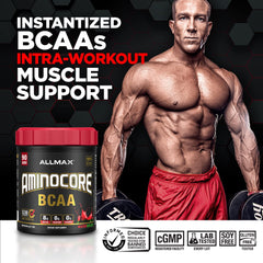 Close-up of AMINOCORE label highlighting gluten-free formula for clean training nutrition.