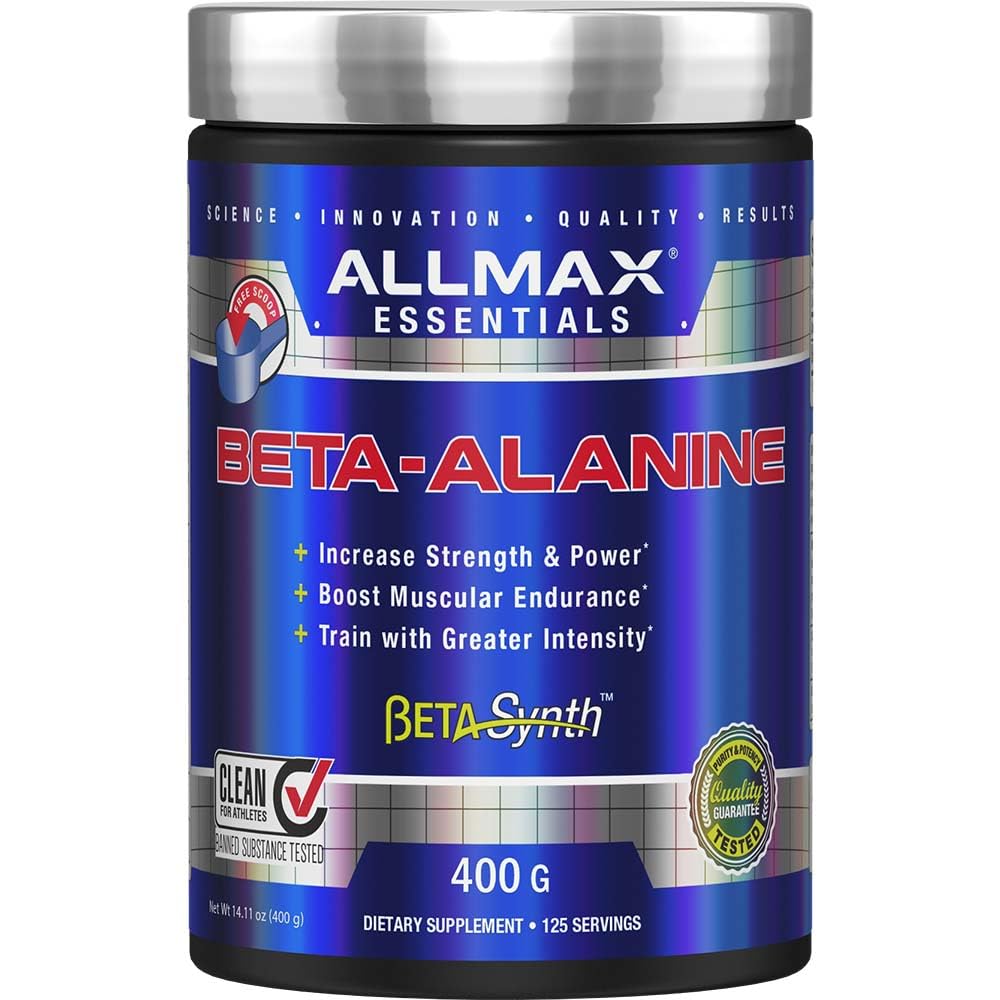 AllMax Beta-Alanine powder bottle boosts endurance for workouts.