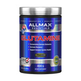 AllMax Nutrition 100% Pure Micronized Glutamine powder in a jar for post-workout support.