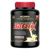 ALLMAX ISOFLEX vanilla powder tub shows premium whey isolate for post-workout nutrition.