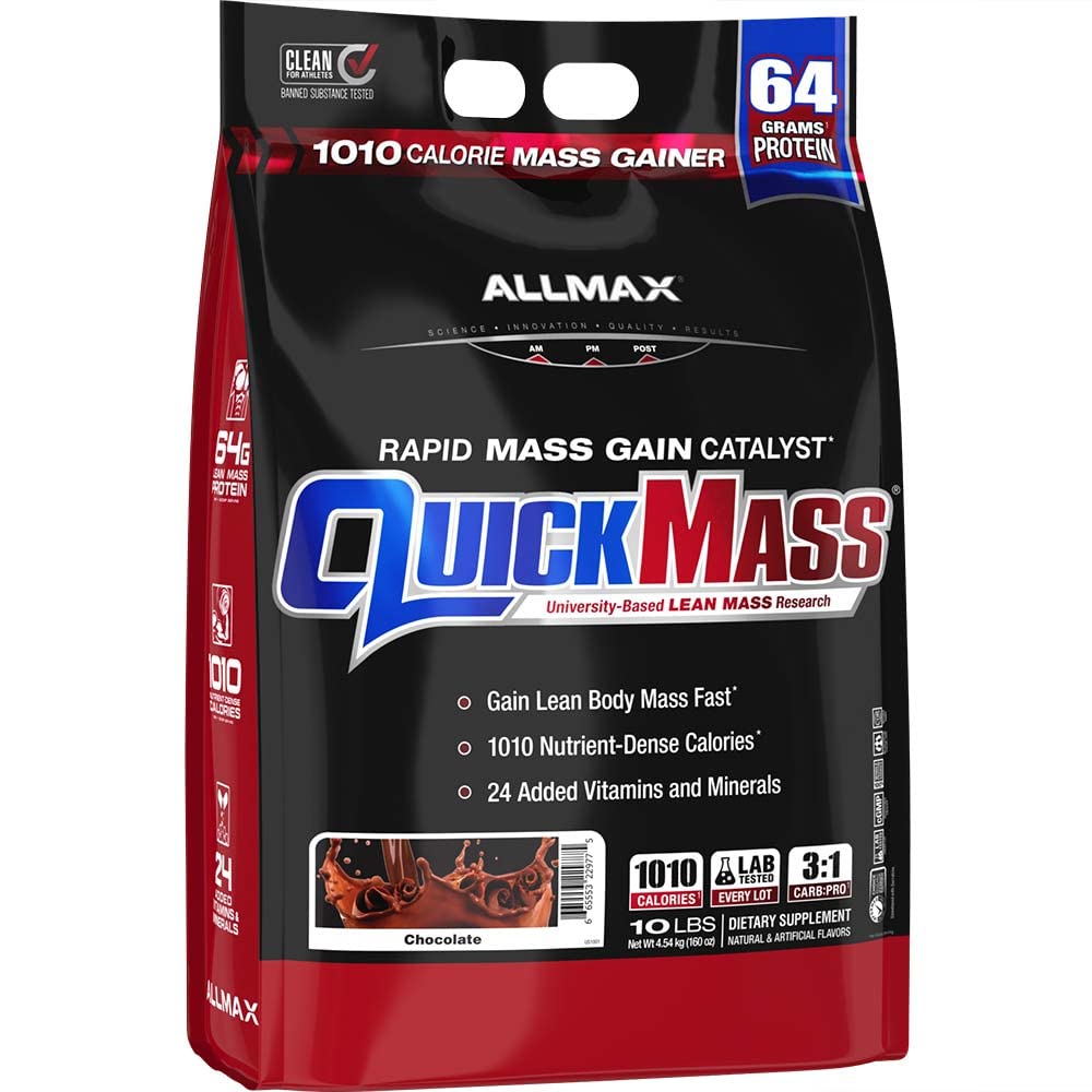 ALLMAX QUICKMASS Chocolate bottle pour shows energy support for workouts.