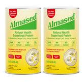Almased multi protein powder tub closeup demonstrates a premium meal replacement option.