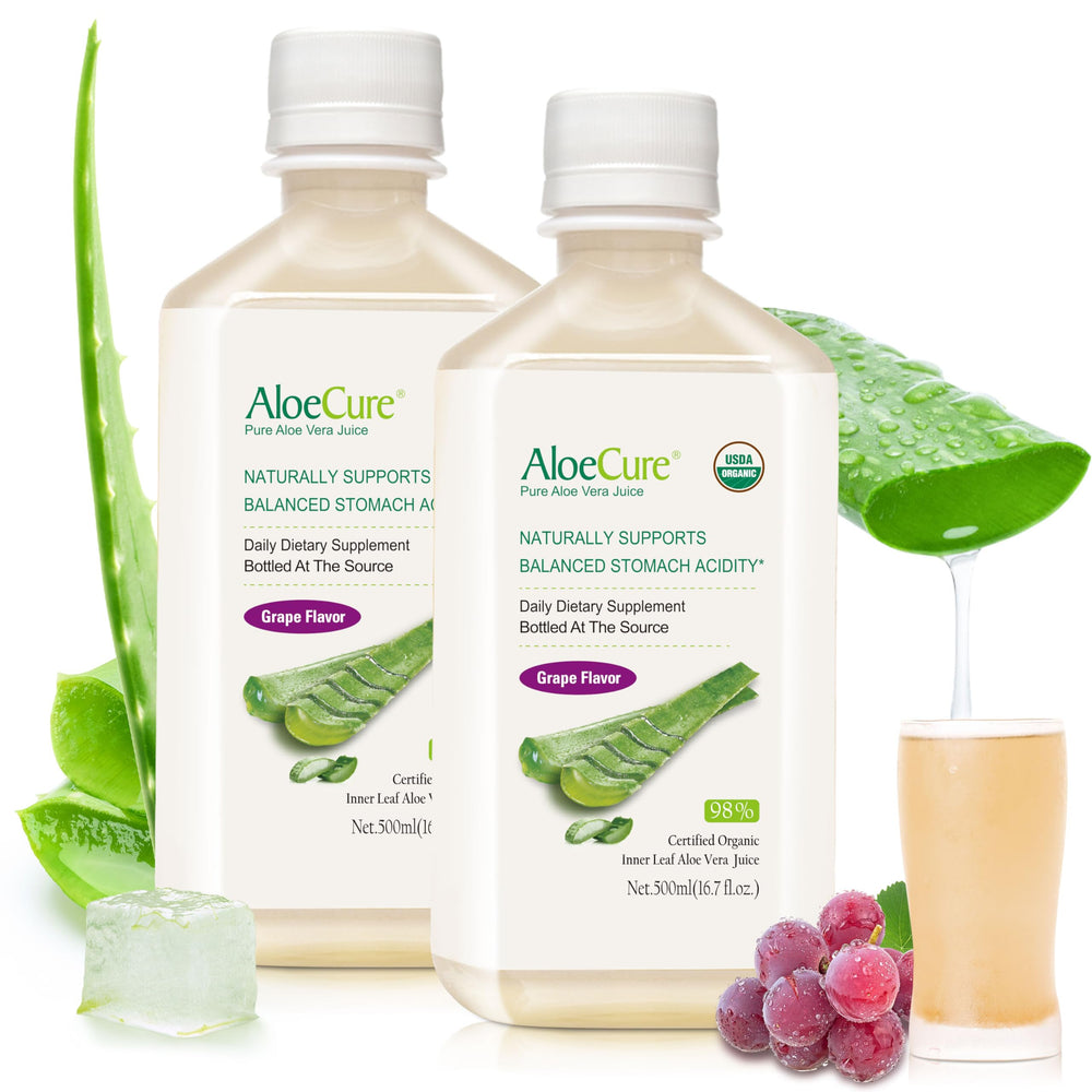 AloeCure organic aloe juice bottle on kitchen shelf for daily wellness