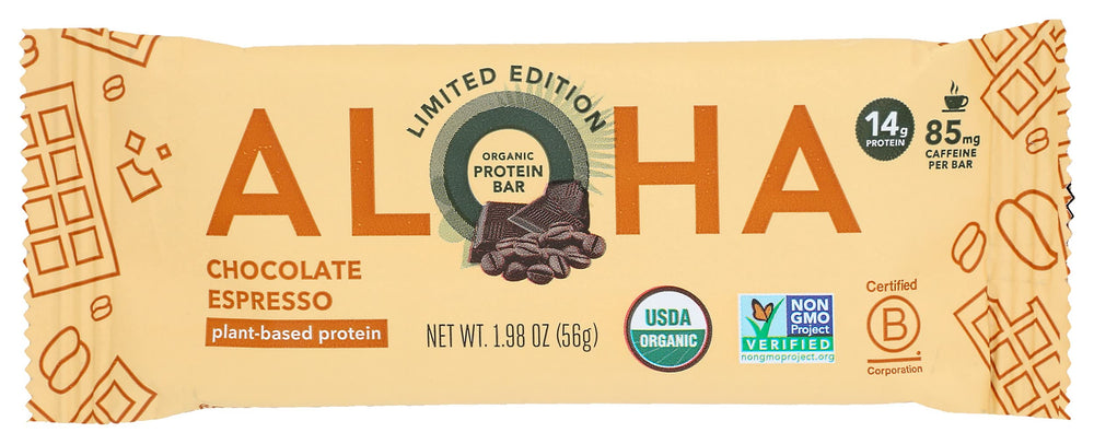Aloha chocolate espresso bar close-up highlighting organic ingredients for on-the-go snacking.