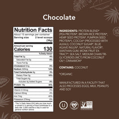 ALOHA chocolate protein powder scoop beside the tin for quick vegan shakes.