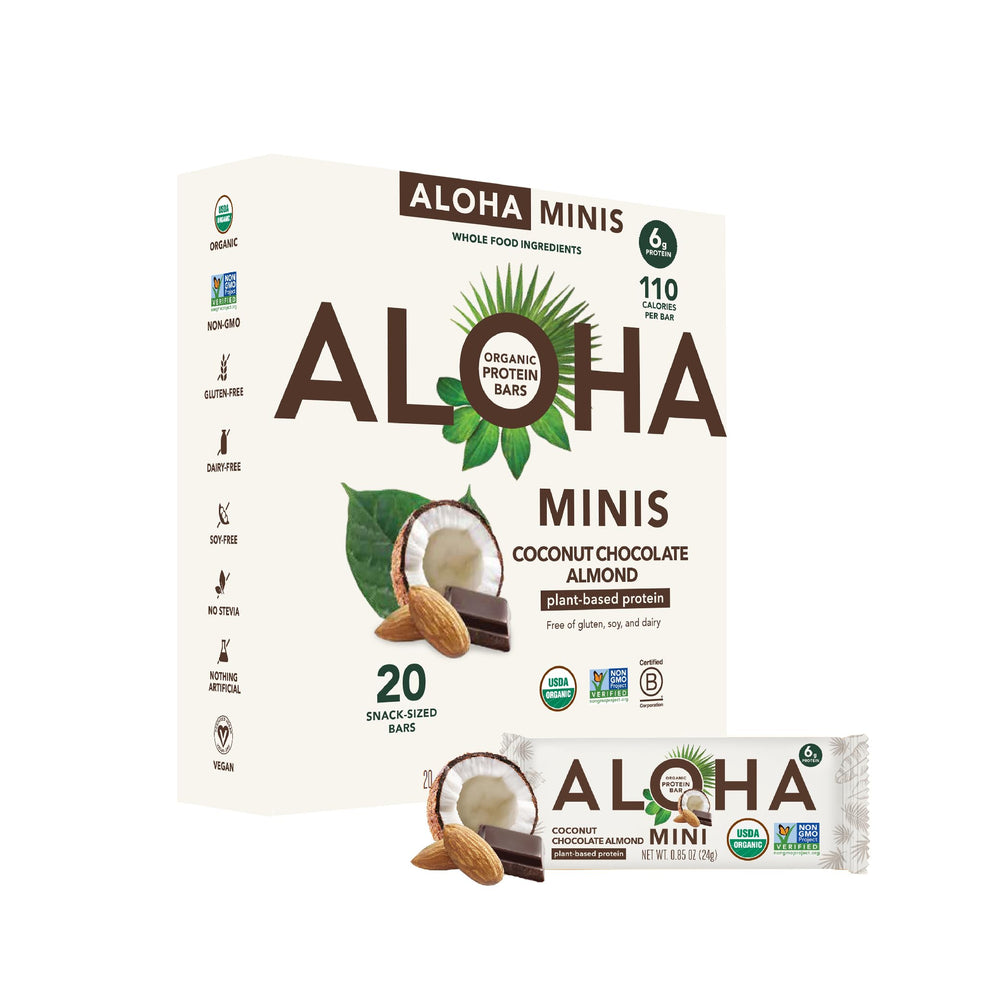 ALOHA Minis Coconut Chocolate Almond bar packaging highlights organic ingredients for on-the-go snacking.