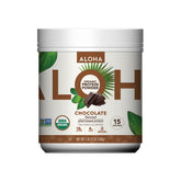 ALOHA organic chocolate protein tin on kitchen counter, showcasing recyclable packaging and protein benefits.