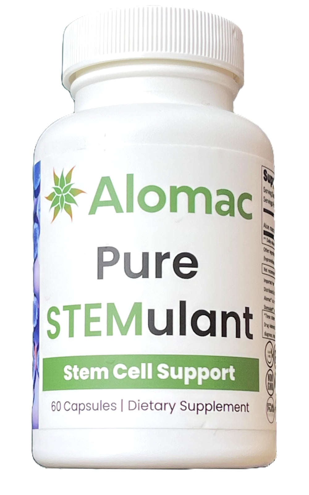 Alomac Pure STEMulant bottle front with capsules for recovery support