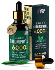 Alpha Flow Chlorophyll Drops bottle: pure greens for daily vitality.