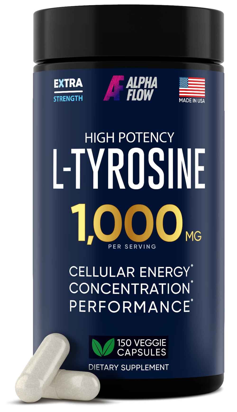 Alpha Flow L-Tyrosine 1000mg bottle ready for daily focus.