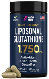 Alpha Flow Liposomal Glutathione bottle front showing packaging for detox support.
