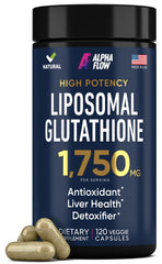 Alpha Flow Liposomal Glutathione bottle front showing packaging for detox support.