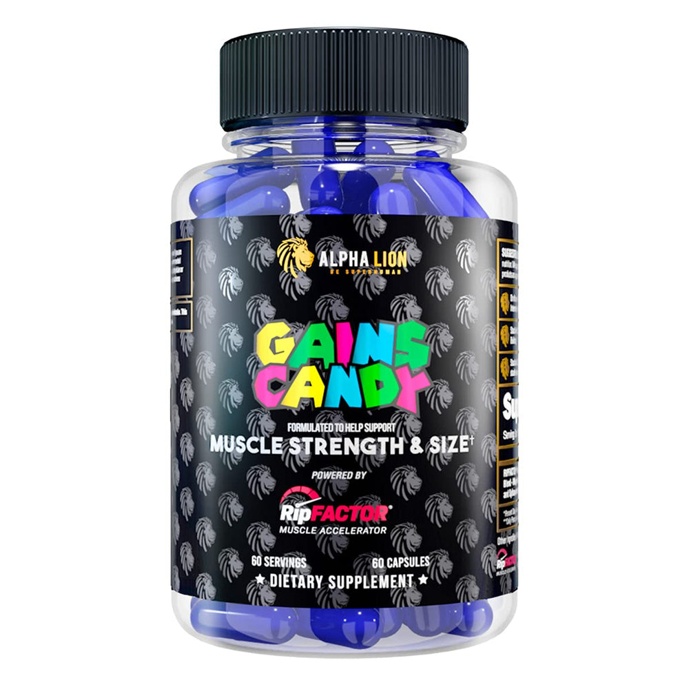 ALPHA LION Gains Candy bottle front with capsules for daily energy.