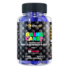 ALPHA LION Gains Candy bottle front with capsules for daily energy.