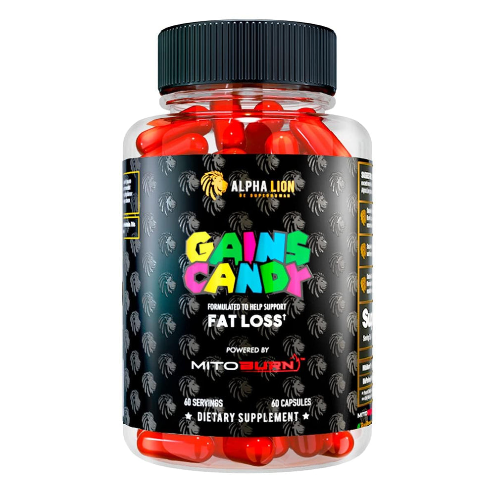 ALPHA LION Gains Candy bottle ready for workouts and energy.