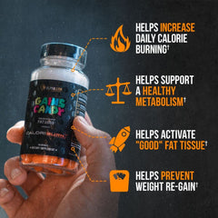 ALPHA LION Gains Candy CaloriBurn bottle on a desk promotes metabolism.